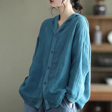 连帽棉麻开衫外套女2025春秋款上衣大码妈妈秋装宽松休闲开衫衬衣