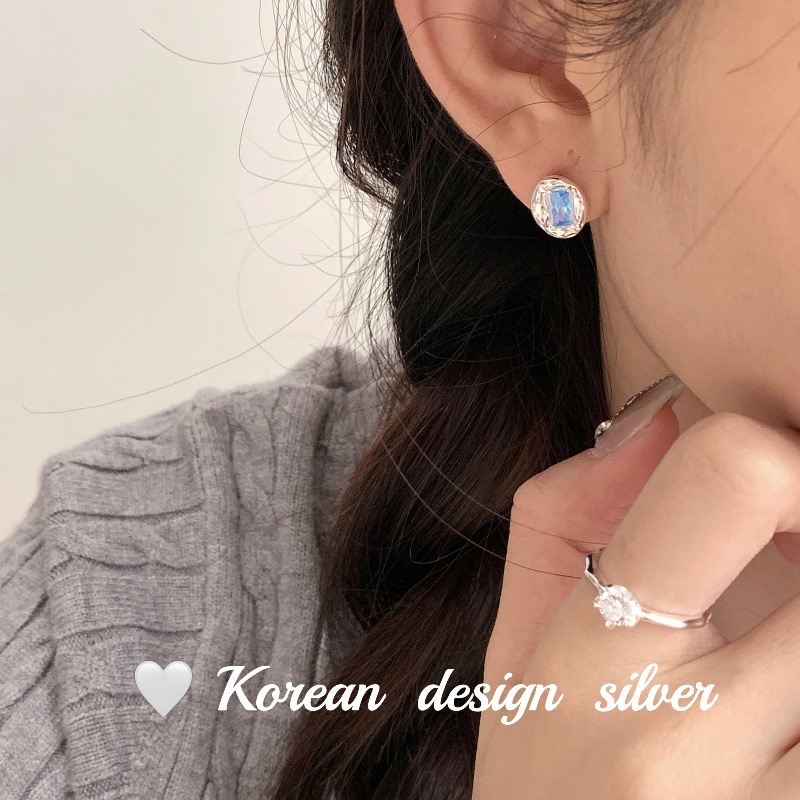韓國ins博主同款飾品 S925純銀橢圓藍鑽包心耳飾 小眾設計感高級
