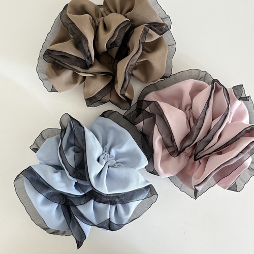 Korean folded double layer Organ yarn lace large intestine hair ring temperament flower bud hair rope hair accessories low ponytail solid color head flower
