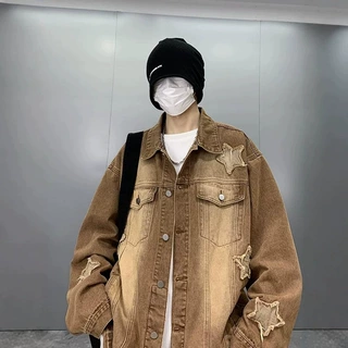 美式复古牛仔外套男春秋款潮牌痞帅潮流百搭水洗渐变炸街星星夹克
