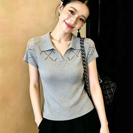 巨好看独特绝美灰色高级感Polo衫针织T恤女镂空短袖显瘦冰丝上衣