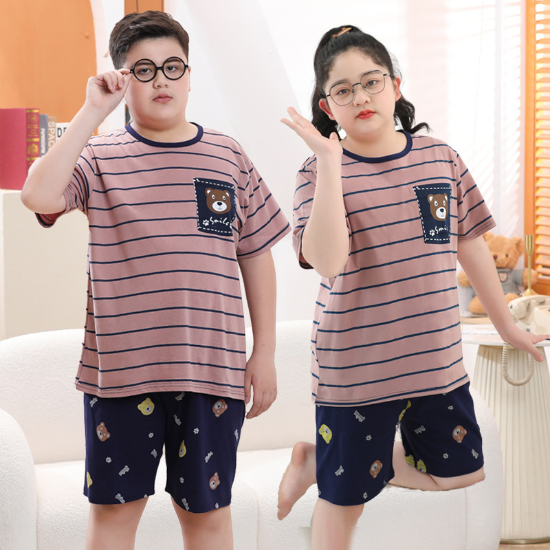 太った子供服の男の子の大きいサイズの夏服の薄いタイプのエアコンの服は肥えて家の服の青少年のパジャマの2セットのファッションを増加します。|undefined