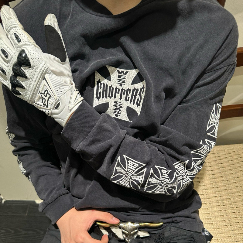 Erd Style Westcoast Vintage Old Sun-Dried Gradient Faded Cross Print Long-Sleeved T-Shirt