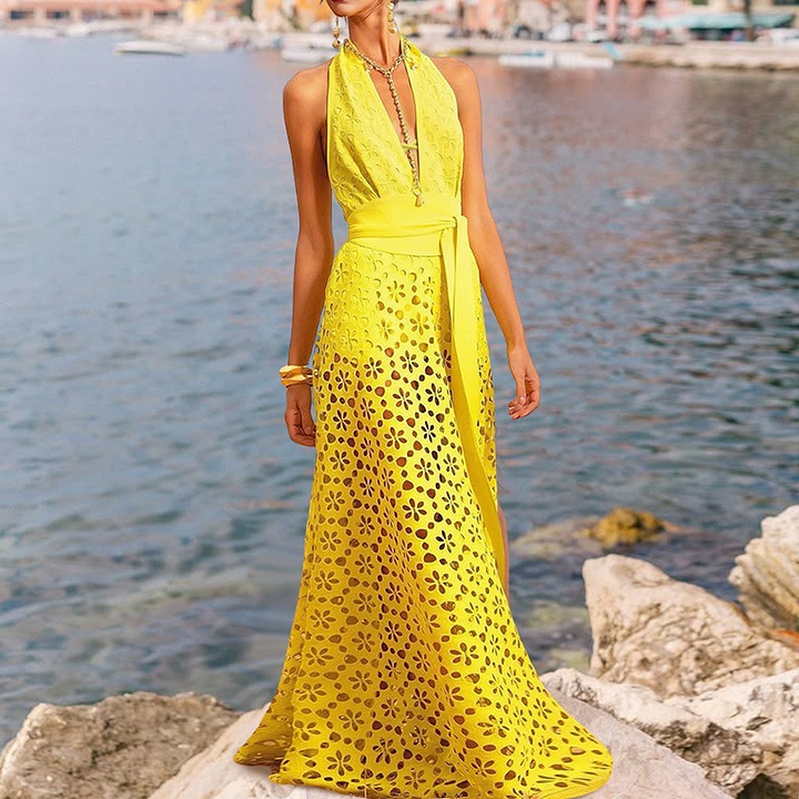 Spot nuevo estilo europeo y americano Amazon AliExpress con cuello en V, traje de baño de una pieza de sentido avanzado hueco, playa de vacaciones para mujer 25340
