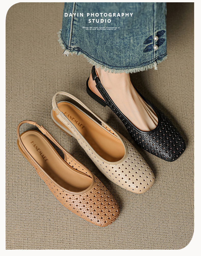 Sandal nữ đế bệt mũi bọc da bò, quai sau hở, phong cách vintage đan lỗ — đen chi tiết 1