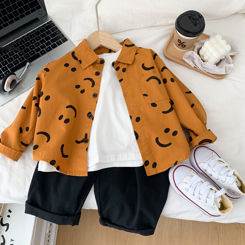 Nuevas camisas de manga larga para niños tendencia sonriente camisa de primavera y otoño para niños guapo camisa de algodón