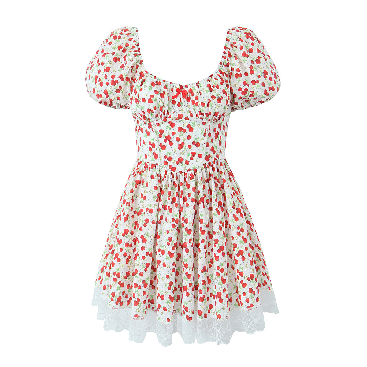 2024 spring new sweet strawberry print chic tight waist mini dress cute puff sleeve princess dress