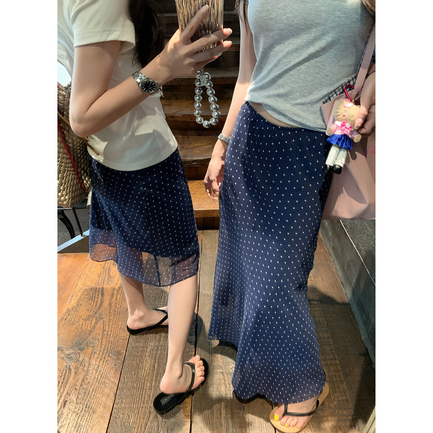 Baisiwang 軽量プリント水玉模様のロングスカート女性の夏のルーズドレープ痩身ストレートスカート