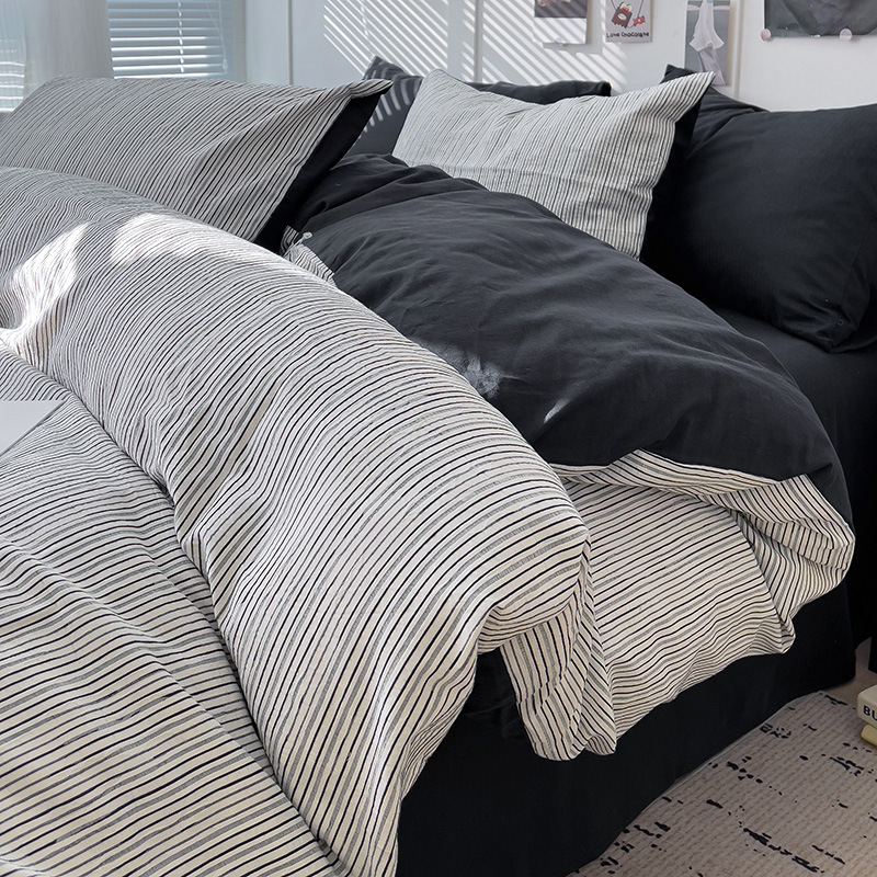 Minimalist Striped Cotton Four-piece Bedding Set With Fitted Sheet_voghion.com