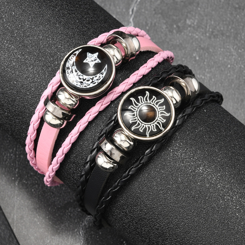 Cross-Border Sun and Moon Bracelet Luminous Pattern Adjustable Leather Retro Punk Multi-Layer Beaded Braided Couple Bracelet