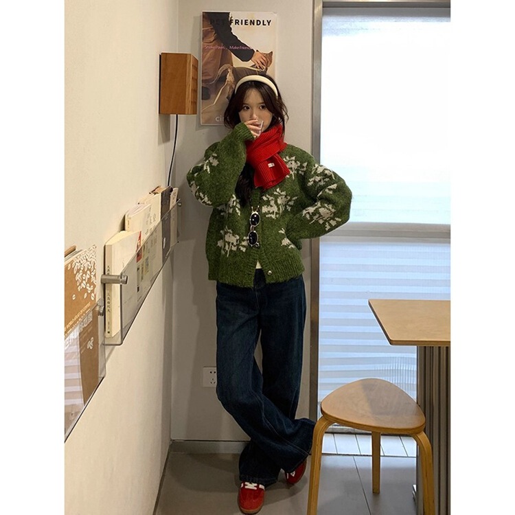 韩系复古费尔岛提花毛衣女秋冬新款慵懒风重工雪花短款开衫外套潮|undefined