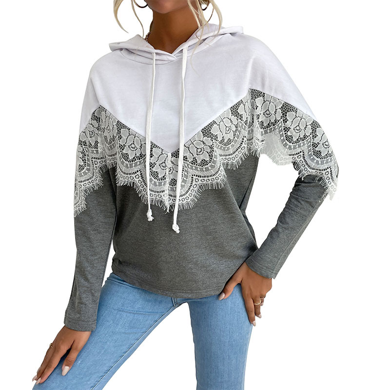 Contrast Color Lace Panel Long-sleeved Sweatshirt Hooded Pullover_voghion.com