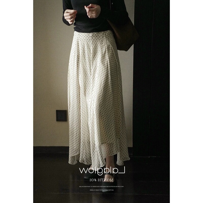 Lalalgow Paris in the Rain French Style Irregular Draped Printed Skirt Slimming Long Skirt for Women Early Autumn