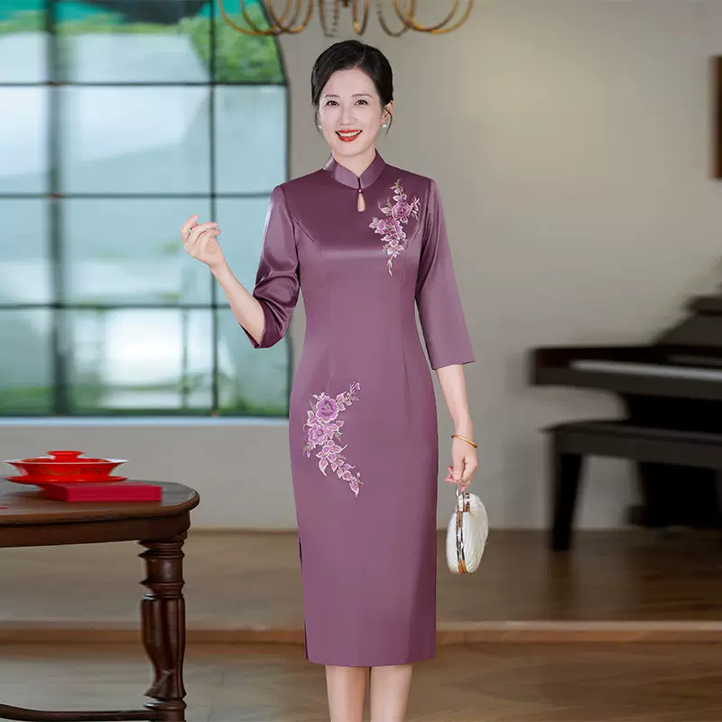 紫色旗袍新中式喜婆婆婚宴装2025新款女秋季礼服妈妈高贵年轻绣花