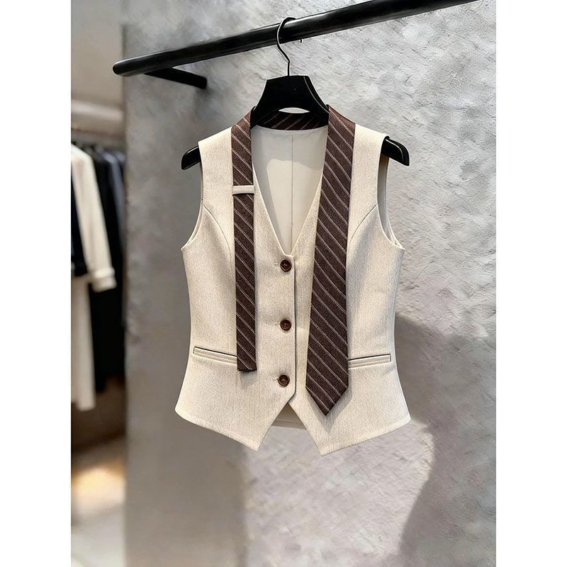 Retro College Style Suit Vest for Women 2026 Summer New Style Striped Tie Decoration Slimming V-Neck Sleeveless Top