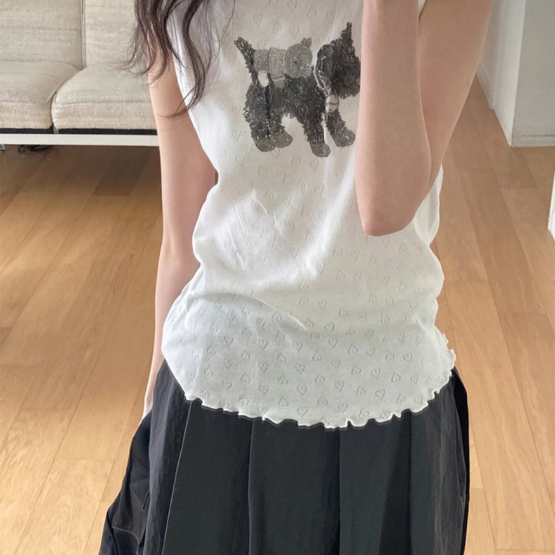 In Stock 2025 New Summer Korean Style Sweet Heart Cut Out Round Neck Slimming Look Puppy Print Sleeveless Vest Top