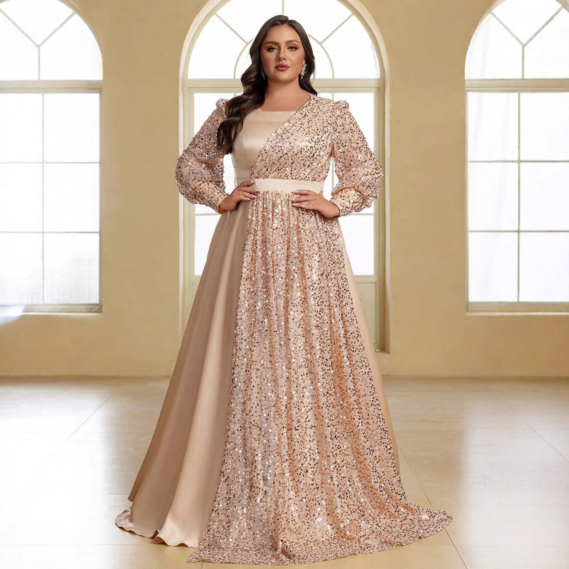 Plus-Size Formal Evening Dress with Sequin Patchwork and Satin Skirt Vestidos Al Por Mayor-Fssl6225