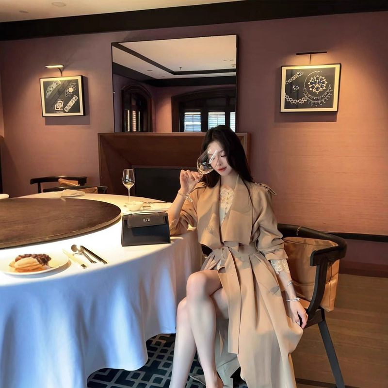 FairyJiang秋季新款翻领卡其色风衣外套女长款收腰休闲大衣含腰带|undefined