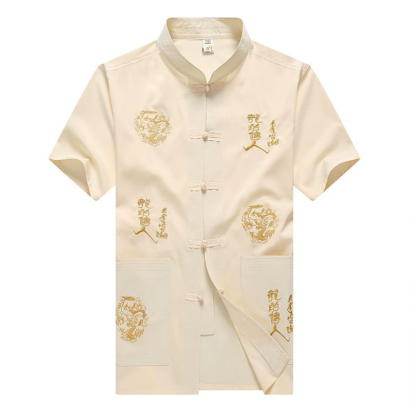 Летний китайский стиль дракон наследник Тан костюм кардиган трансграничная поставка ретро дракон узор средний возраст шелковая рубашка для мужчин