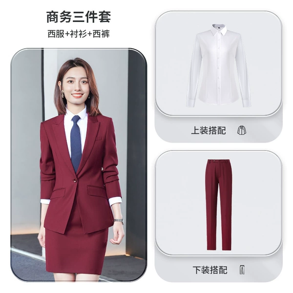 Women’s burgundy suit + shirt + women’s pants (note for other colors