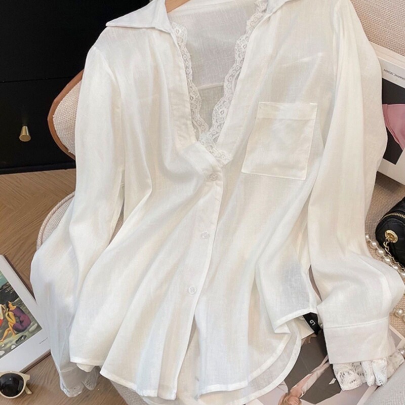 2024 Simple Style White Fake Two-Piece Lace Patchwork Suit Long-Sleeved Loose Shirt Top for Women in Autum
