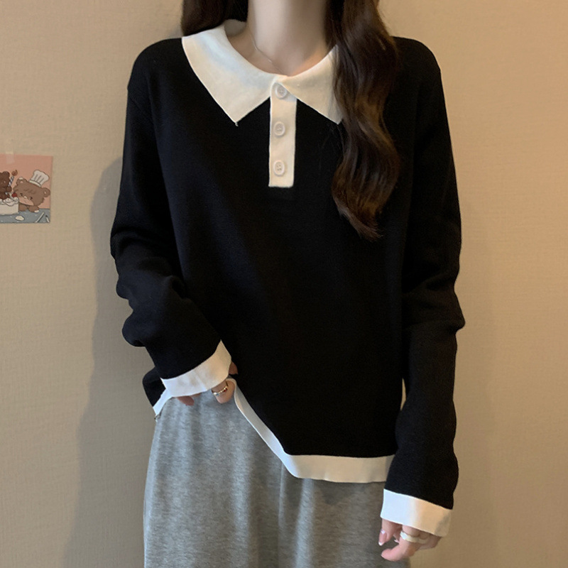 Plus Size Long-Sleeved Right Shoulder Bottoming Shirt for Women in Autumn, Fat mm Slimming Look Inner T-Shirt Polo Collar Preppy Style Knitted Top