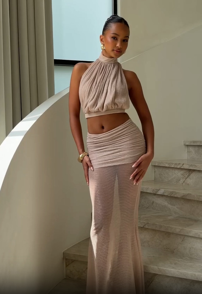 Women's Clothing Women's Sleeveless Halter Neck Glitter Mesh Pleated Skirt Set Sexy Fashion Top Bottoms Combo_ecoleips.com