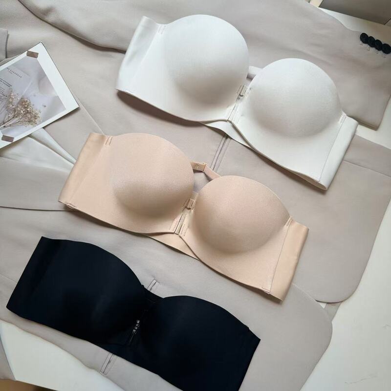 Strapless Bra for Women, Push-Up, Non-Slip, Front Buckle, Small Breasts, Seamless, Invisible Tube Top, Breast-Retracting Sexy Bra, Summer