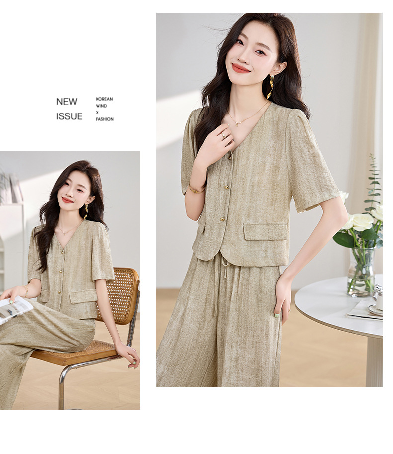 Bộ đồ công sở nữ mùa hè áo vest nhỏ phối quần ống rộng hai mảnh HE9837 — Màu hồng, Màu Kaki chi tiết 14