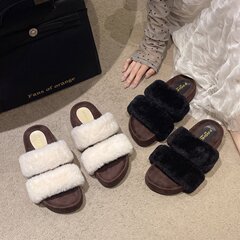 厚底毛毛拖鞋女外穿2025秋冬季新款小个子增高一字拖毛绒休闲女鞋