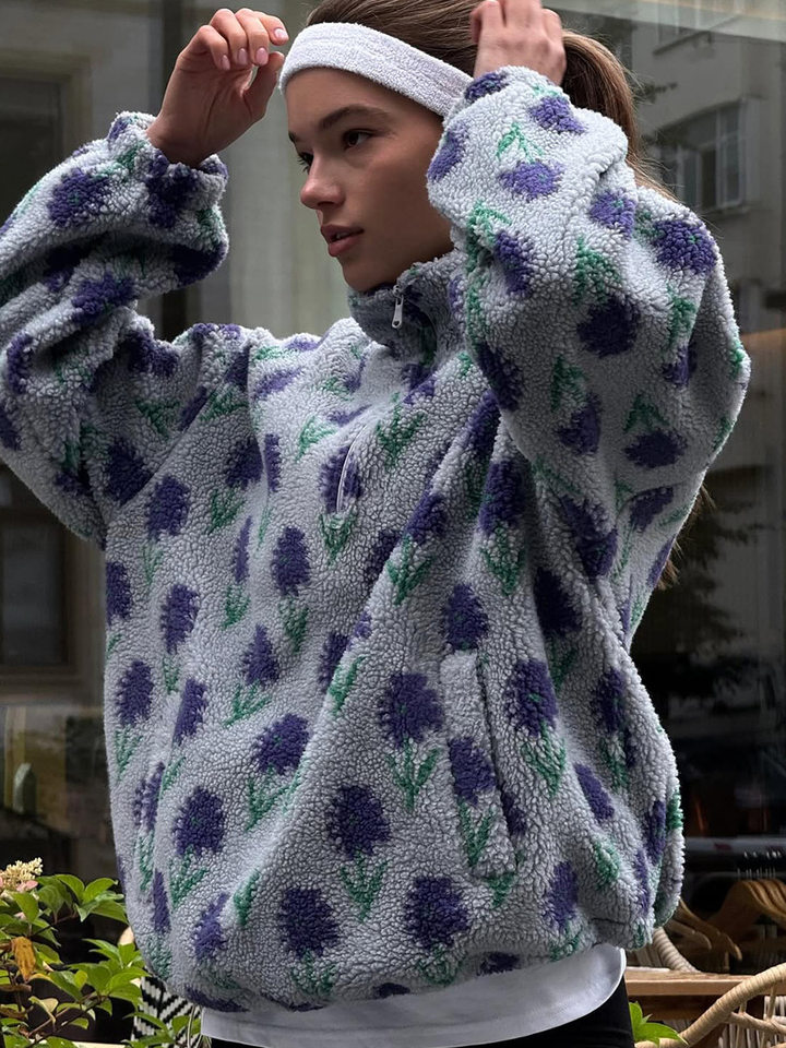Áo nỉ lông cừu dệt jacquard nữ dáng rộng cổ cao nửa khóa kéo tay dài — Tím, màu xanh lá cây
