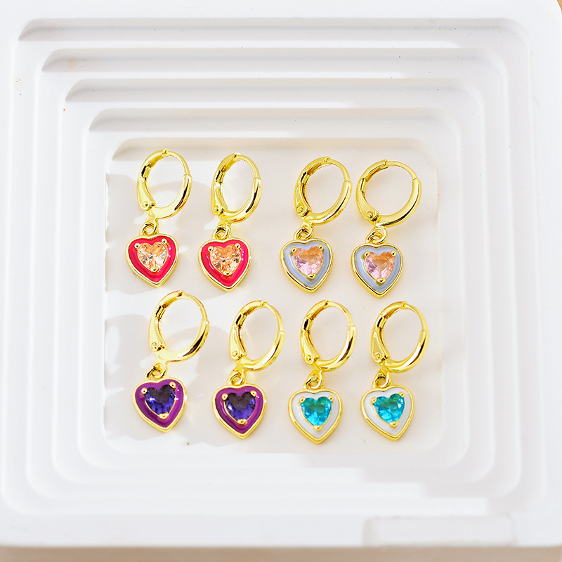 5g Weight Vacuum Plating Gold Plating Process Copper Ear Needle Material 1 Pair Cute Heart Shape Polishing Inlay Copper Artificial Gemstones Gold Plated Drop Earrings