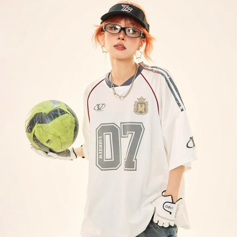 American Retro Sports Style Jersey Women's Summer College Style Mesh Rugby Short-sleeved T-shirt Loose Couple Top