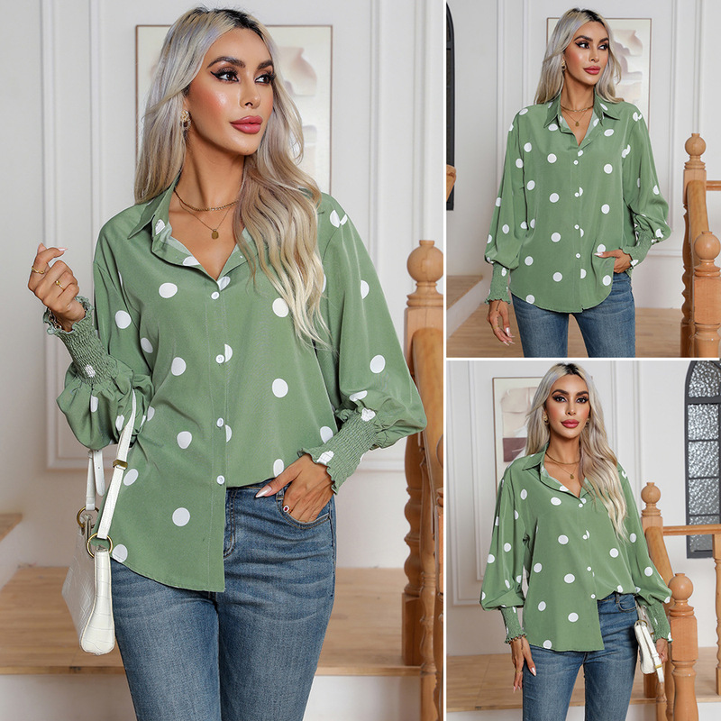 Polka dot printed lantern sleeve shirt women's long-sleeved shirt top new Amazon European and American Foreign trade cross-border women's clothing