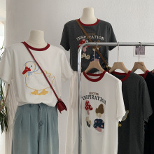 欧玛莱  撞色圆领蕾丝鸭子贴布短袖正肩套头T恤韩系百搭上衣3486