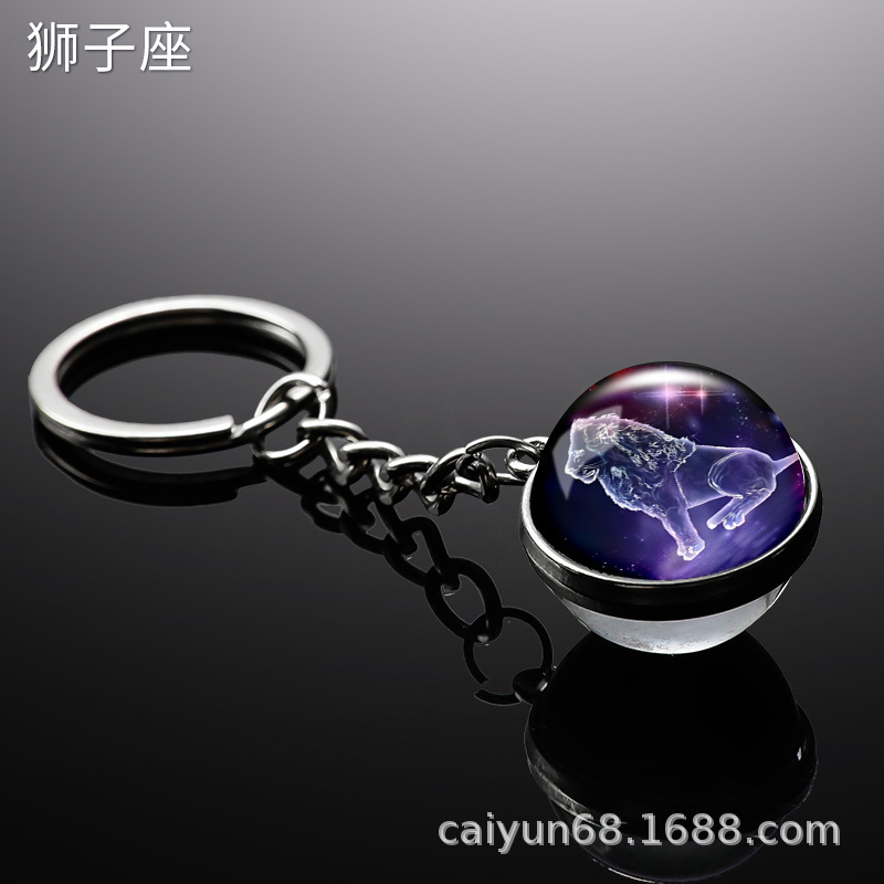 Transfronterizo 12 constelaciones de luz nocturna bolsos colgantes de bolsas de joyas de tiempo doble cara bola de vidrio llavero al por mayor