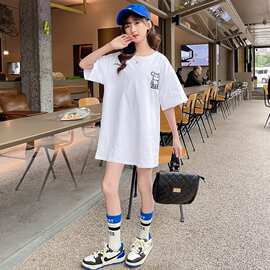 女童卡通小熊棉质T恤裙夏季网红中大童洋气女孩中长款休闲短袖裙