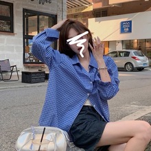 复古风蓝色小格子长袖衬衫女春秋2025新款气质休闲百搭中长款上衣