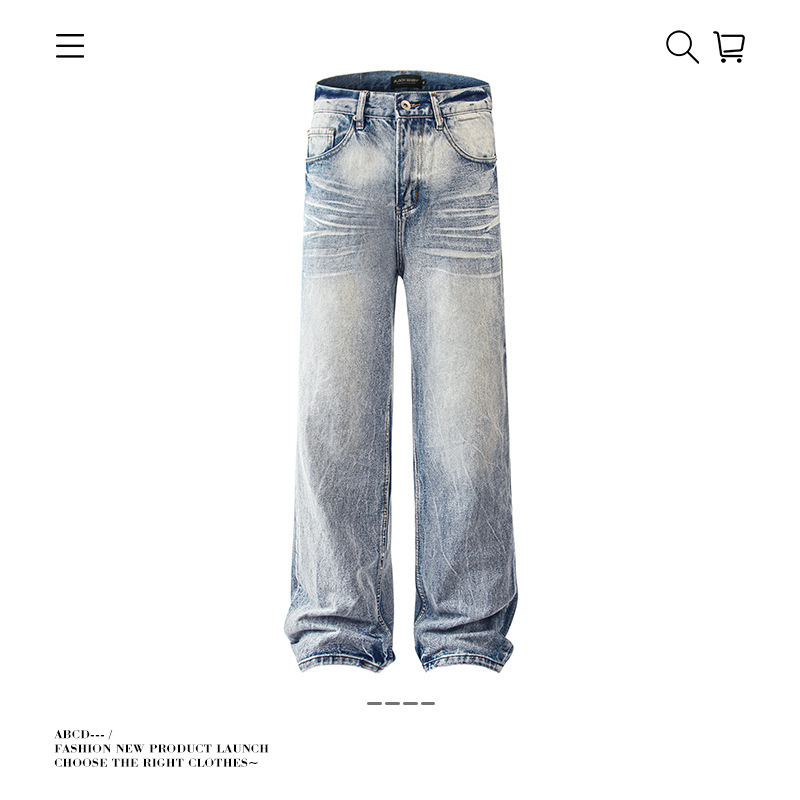 2025 Autumn American-Style Washed Vintage Whiskered Light Blue Jeans Unisex Loose Versatile Straight-Leg Long Pants Cross-Border