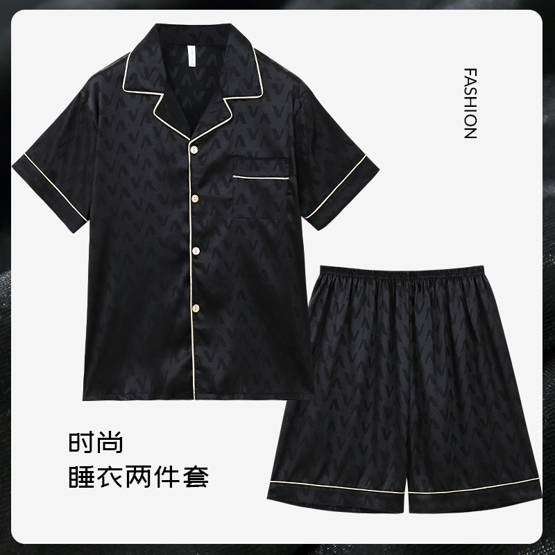 De alto grado jacquard carta pijamas de verano de los hombres traje de tres piezas pantalones cortos de manga corta de seda de hielo juventud ropa de casa de seda real