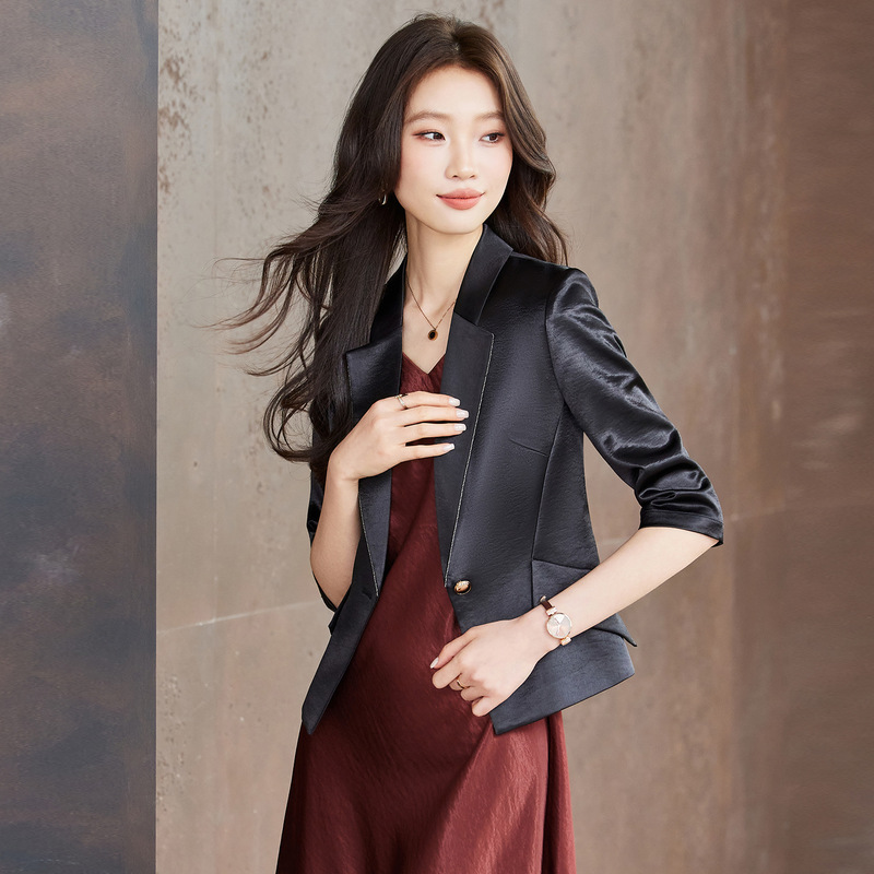 Acetate Satin Blazer for Petite Women, 2026 New Spring High-End Mid-Sleeve Blazer Dress Set