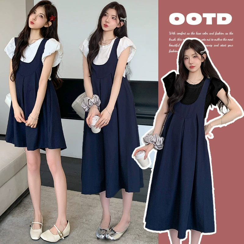 Летний костюм для беременных 2025 года. Новая юбка-сарафан на шнуровке + трикотажный свитер с пышными рукавами.