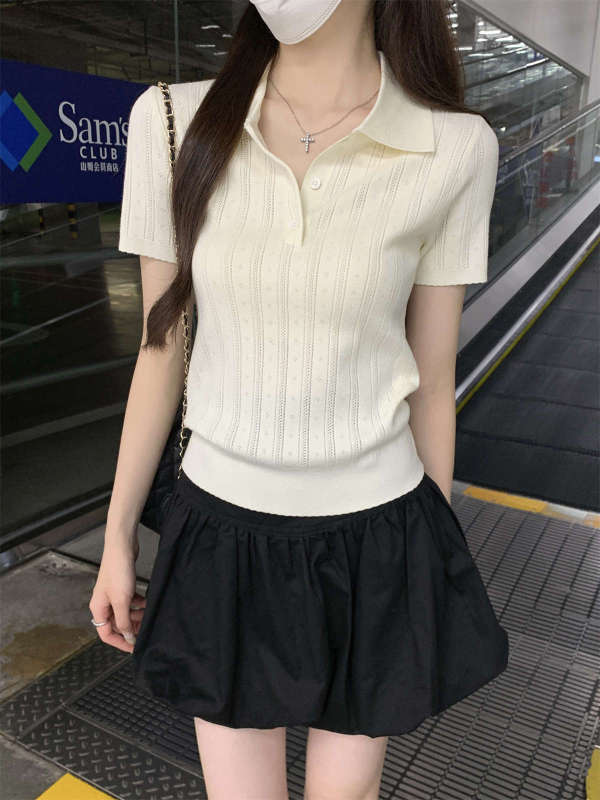 ポロカラーボタンジャカードセーター半袖レディース夏ミュウシリーズ右肩ラペルTシャツデザインボトムストップ|undefined