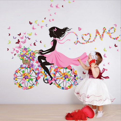 Bicycle flower fairy decorative back sticker girl elf butterfly English bedroom sticker wall sticker NC2-89