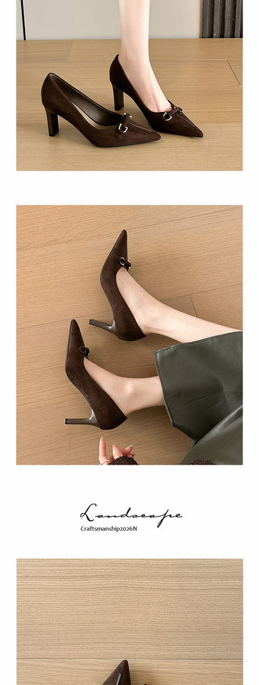 Giày cao gót mũi nhọn gót thô 6–8 cm bằng vải nhung có khóa kim loại, kiểu Pháp cổ điển — Màu nâu, Màu đỏ rượu, màu đen chi tiết 8