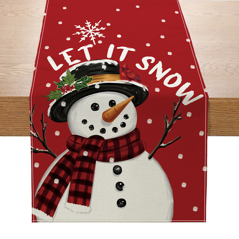 Camino de mesa navideño con estampado de muñeco de nieve y Santa
