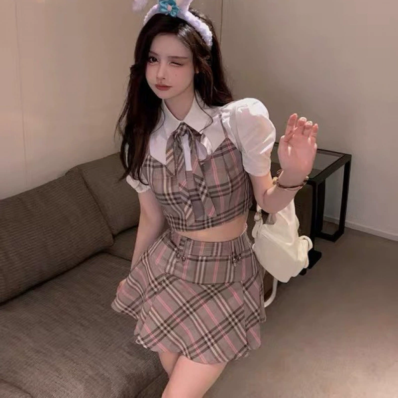 2025 новый летний сладкий сексуальный топ с пышными рукавами и юбкой в стиле JK, модный комплект для женщин