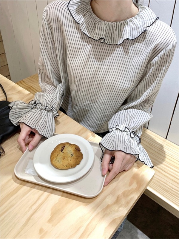 条纹荷叶领喇叭袖衬衫2025秋季新款法式复古显瘦气质长袖上衣女装|undefined