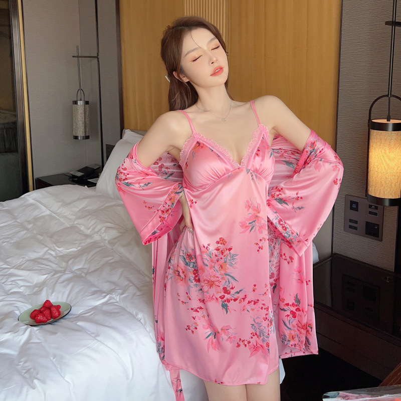 Nightgown with Chest Pad Women's Summer Thin Ice Silk Sling Nightgown Two-piece Set Sexy Temptation Pajamas Home Clothes Set
