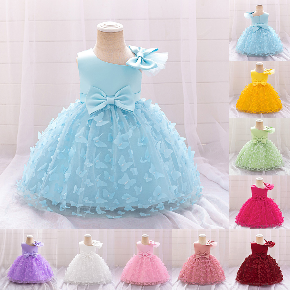 El nuevo vestido de novia de niña de las flores de Amazon, vestido con lazo, vestido de princesa de malla esponjosa, vestido de bautizo de un año para niña